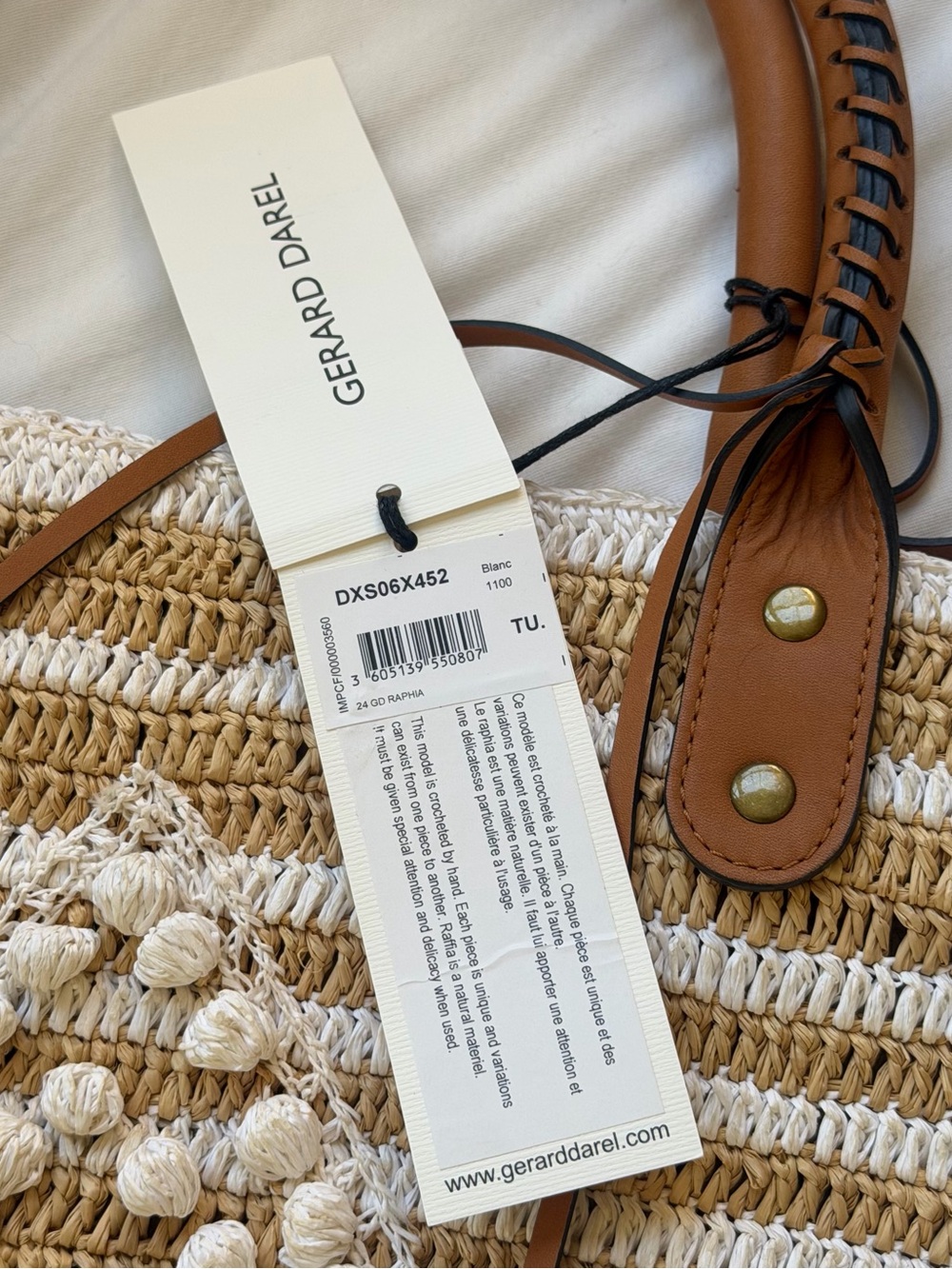 NWT GERARD DAREL 24 GD Raphia White Crochet Tote Bag with Leather Handles $495 - Picture 9 of 10